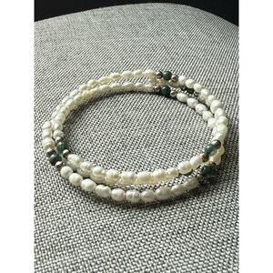 Freshwater Pearl Gemstone Memory Wire Bracelet Ivory Green Bangle Coastal Boho